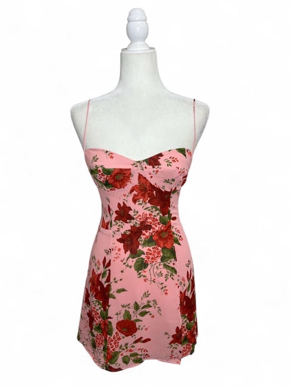 Reformation mini Juliette dress in the "Valeria" pink and red floral print